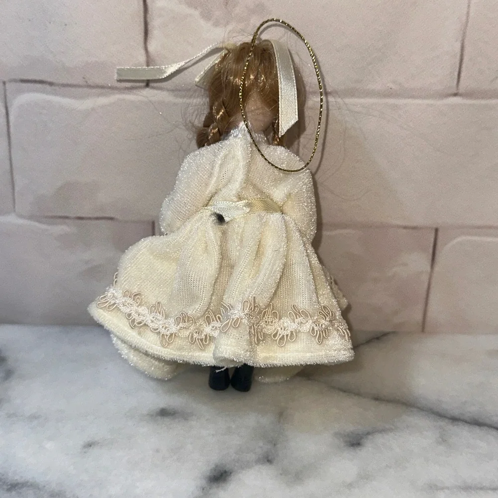 Vintage Porcelain Doll Christmas Ornament Cream Lace Dress Braids 5 Inch